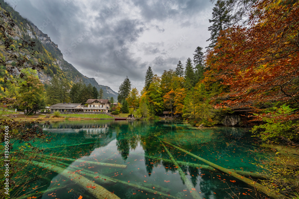 Blausee Switzerland, nature landscape at blue lake in autumn season