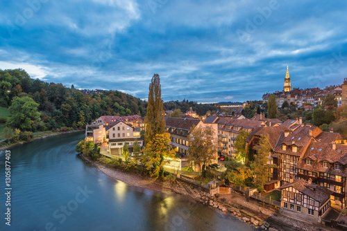 Obraz na płótnie Bern (Berne) Switzerland night city skyline at old town and Aare River in autumn season w salonie