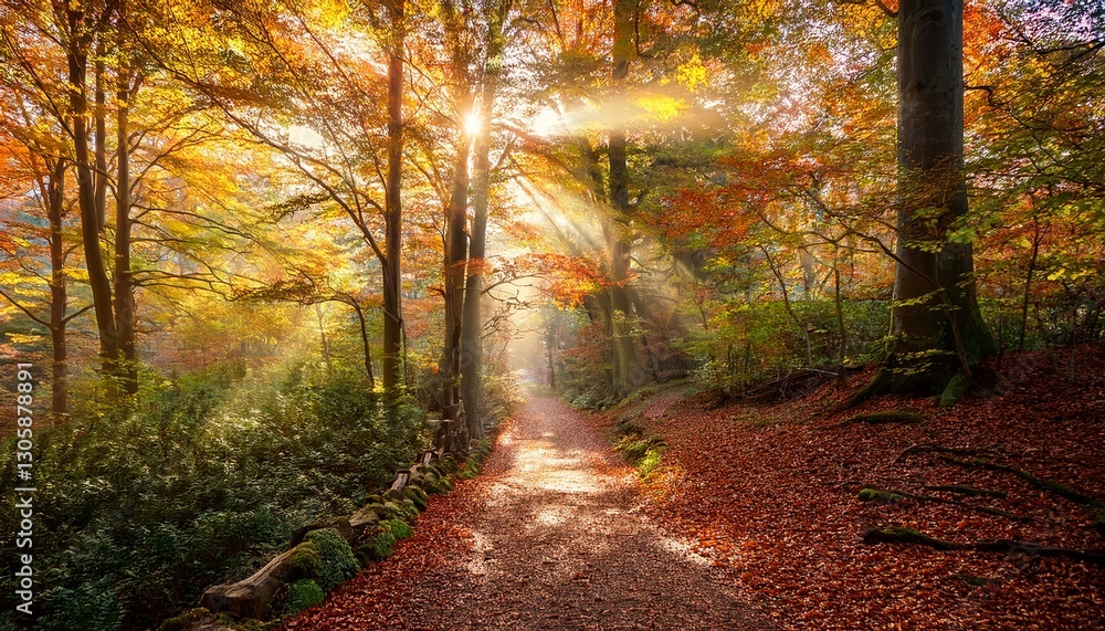 Obraz premium A Path Through Autumnal Forest, Sun Rays Piercing the Canopy
