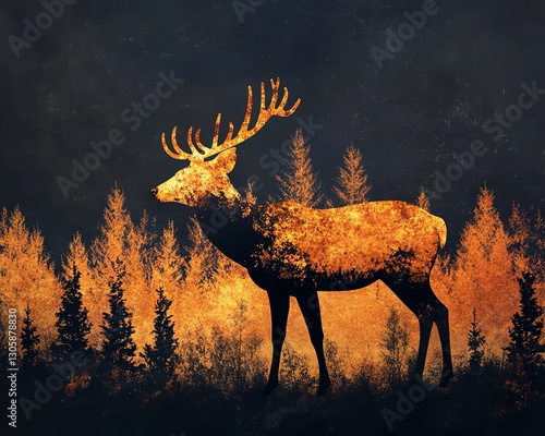 Fiery stag silhouette against a backdrop of autumnal forest.  Intricate artwork featuring a majestic deer in warm, golden hues. photo