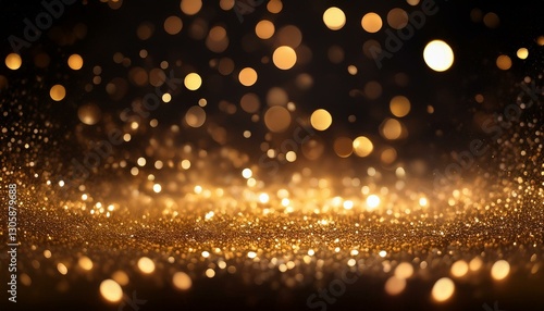 Abstract background with golden sparkles and bokeh lights on a black background.