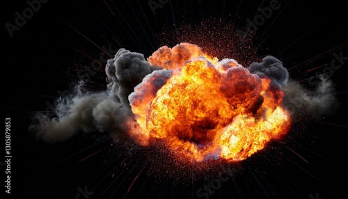 Realistic fiery explosion with colorful streaks. Large fireball with black smoke on transparent background.
