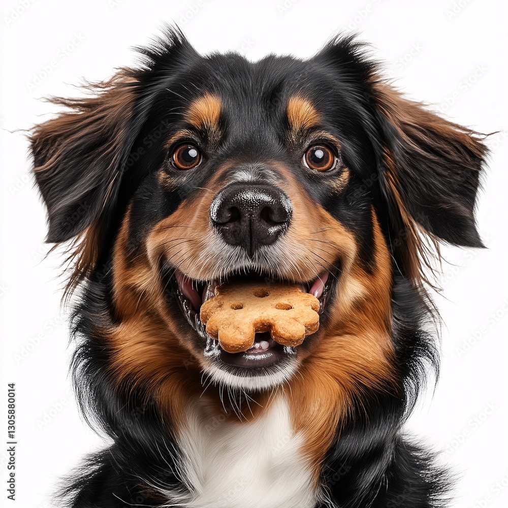 Adorable Furry Canine with Treat: A Happy Dog Breed Portrait Adorable Furry Canine with Treat: A Happy Dog Breed Portrait