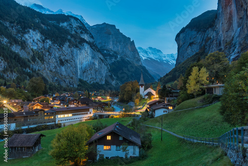 Obraz na płótnie Lauterbrunnen Switzerland night at village valley in autumn season w salonie