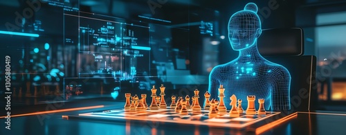 assistant hologram A futuristic chess game featuring a holographic opponent in a high-tech environment.