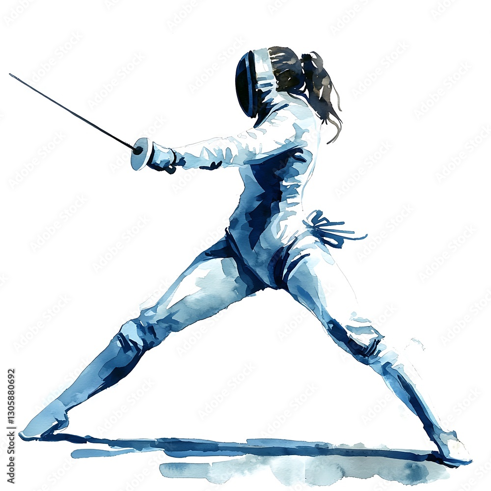 Obraz premium Dynamic Fencing Pose Artistic Watercolor Illustration of a Female Fencer.