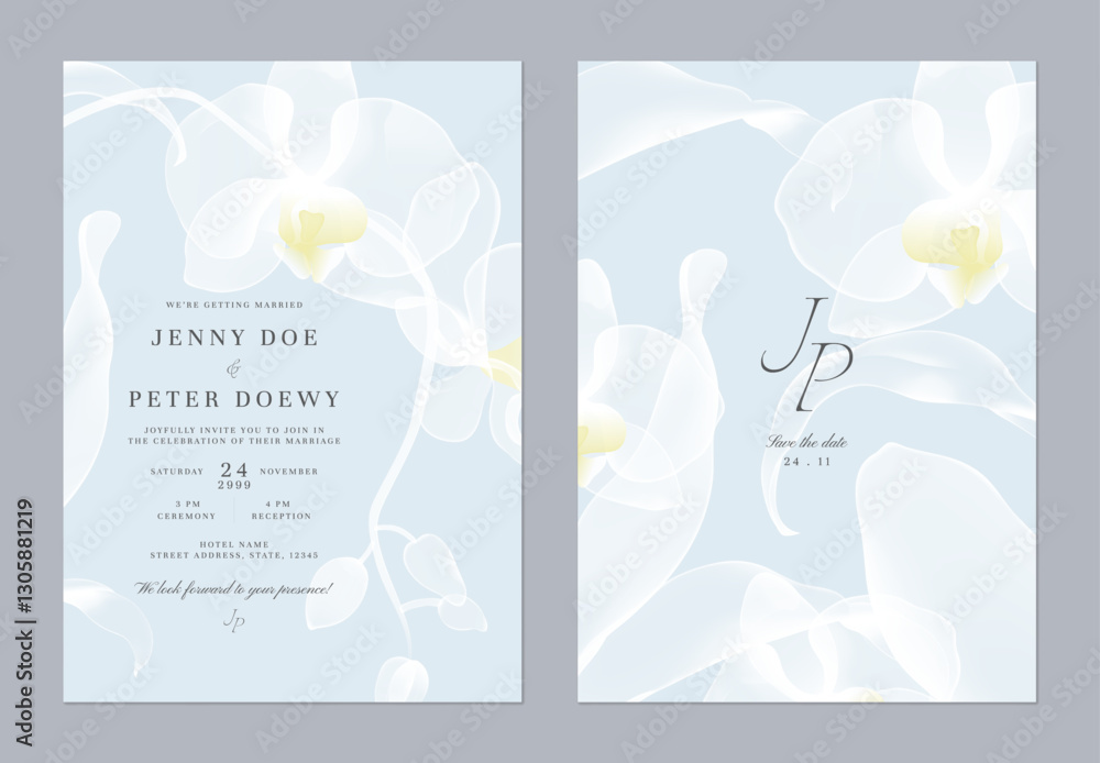 custom made wallpaper toronto digitalWedding invitation and save the date template set of delicate, translucent Phalaenopsis orchid on a soft blue background. The style is modern, romantic, and understated