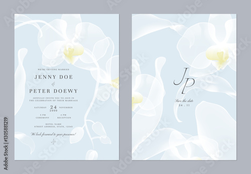 Wedding invitation and save the date template set of delicate, translucent Phalaenopsis orchid on a soft blue background. The style is modern, romantic, and understated