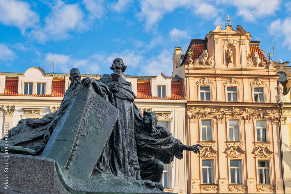 Prague Czech Republic, city skyline at Jan Hus monument statue Prague old town square, Czechia