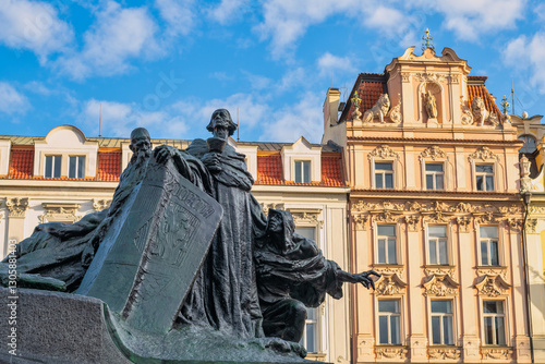 Obraz na płótnie Prague Czech Republic, city skyline at Jan Hus monument statue Prague old town square, Czechia w salonie