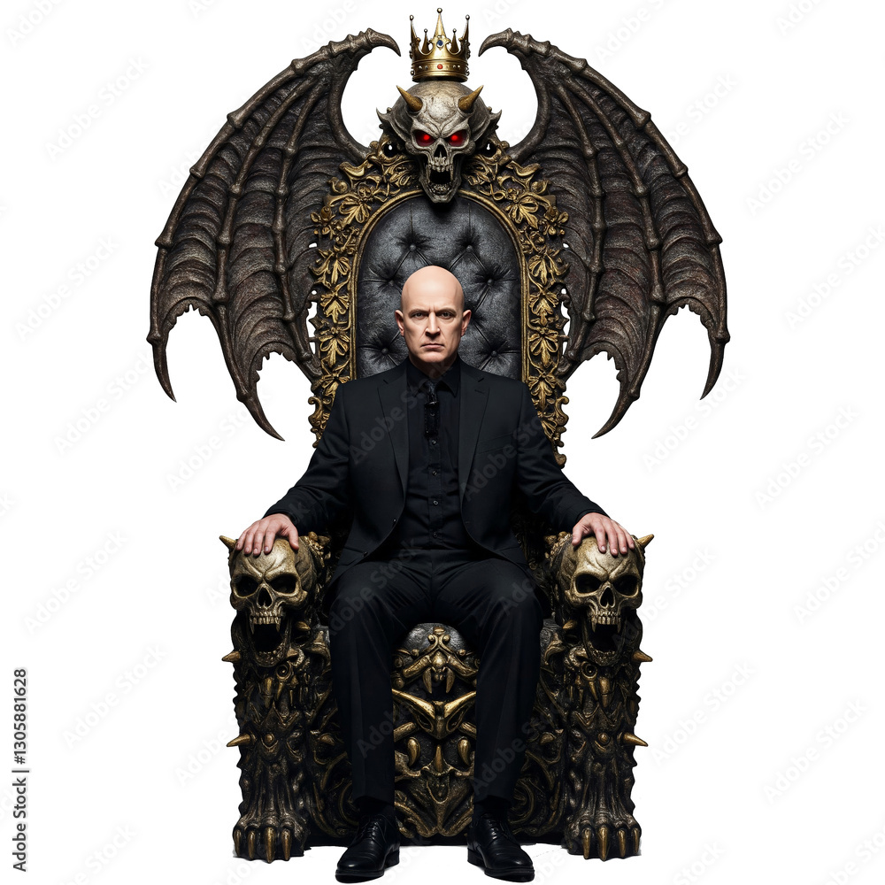 Obraz premium A confident man in an austere suit sits on a large demonic rich throne