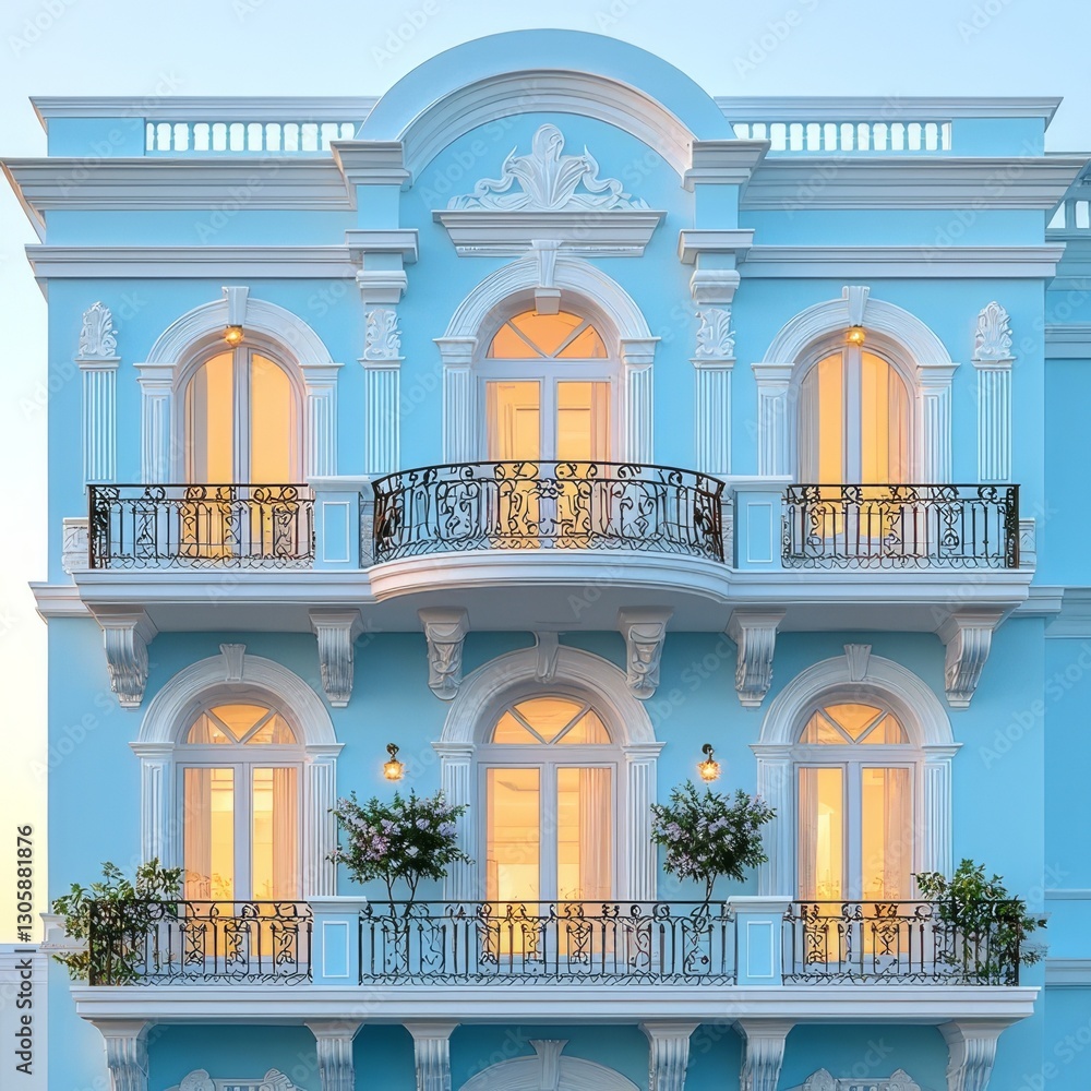 Obraz premium Charming blue vintage building with elegant balconies and warm glowing windows, perfect for real estate, travel, or architectural design themes.