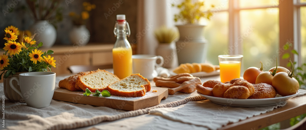 Fototapeta premium Enjoying a Sunny Breakfast With Fresh Pastries and Juice