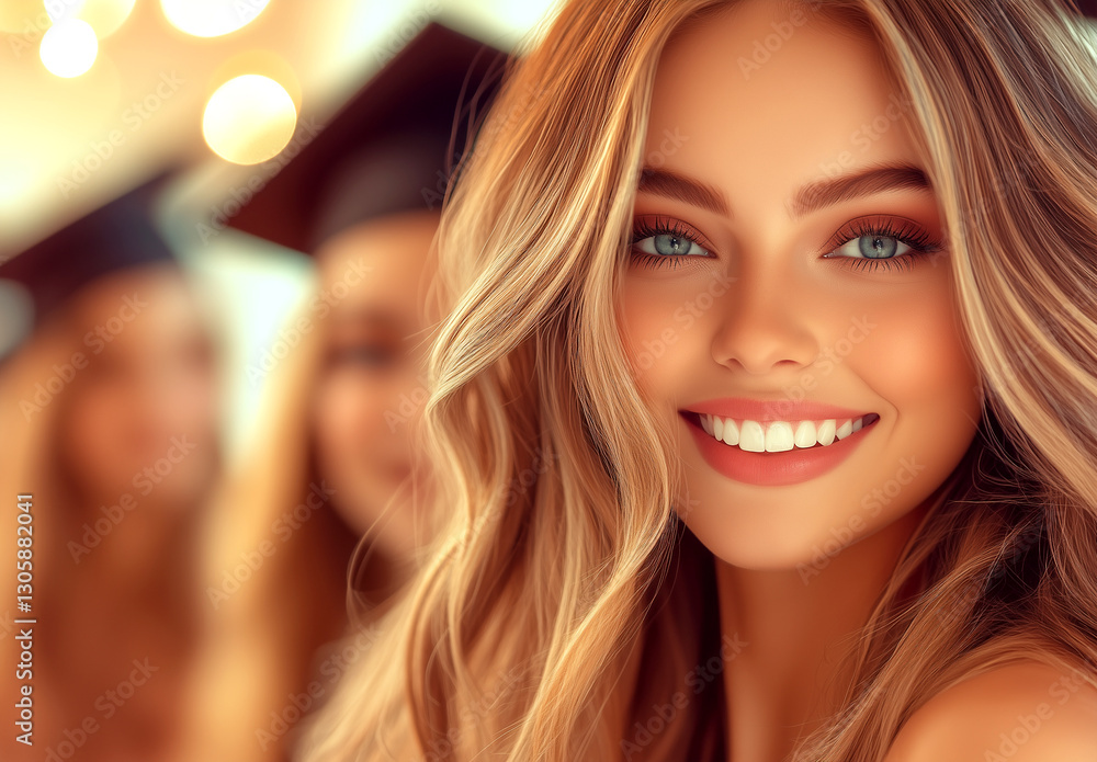 Fototapeta premium Woman with blonde hair and blue eyes is smiling. She is wearing a graduation cap. Concept of happiness and accomplishment