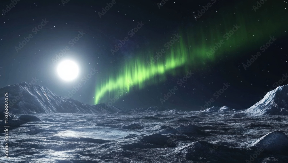 Fototapeta premium Aurora borealis over a frozen alien landscape bathed in moonlight.
