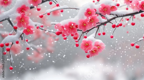 Obraz na płótnie Beautiful red plum blossom flower at full blooming in winter. w salonie