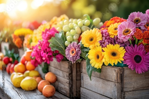 Wallpaper Mural Vibrant and Colorful Flowers at Farmers Market Wooden Stall with Fresh Produce Torontodigital.ca