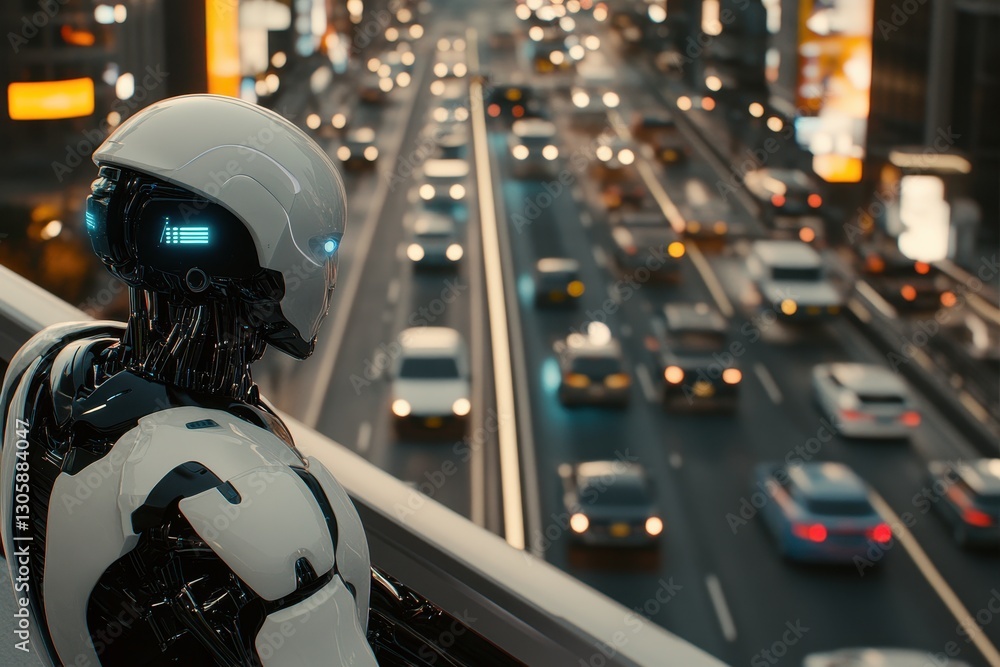 Futuristic Humanoid Robot Observing Smart City Traffic at Night Futuristic Humanoid Robot Observing Smart City Traffic at Night