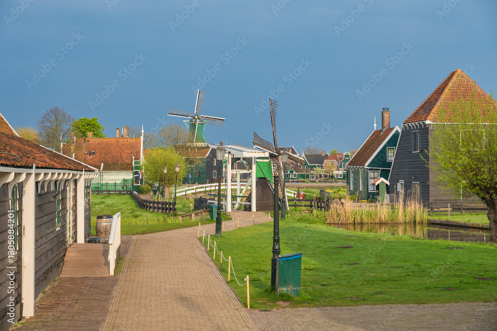Dutch Windmill and traditional house at Zaanse Schans Village, Amsterdam Netherlands
