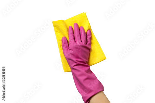 Spring cleaning, hand in pink rubber glove with rag isolated on white background, top view, PNG