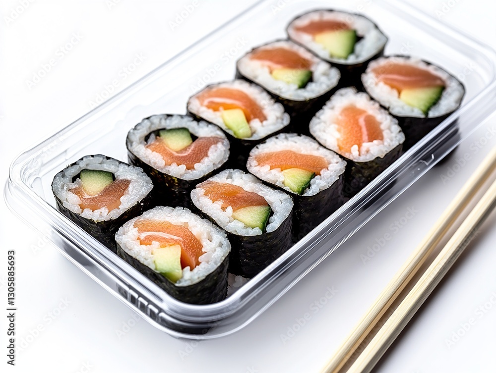 Salmon Avocado Sushi Rolls in Clear Plastic Container Salmon Avocado Sushi Rolls in Clear Plastic Container