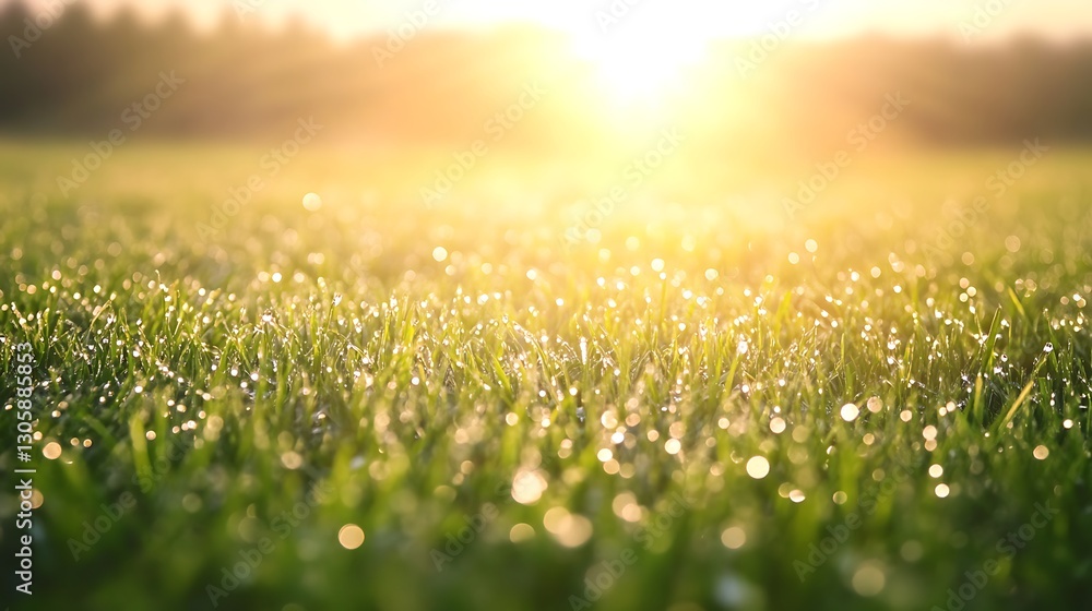 Naklejka premium Dew-covered meadow glowing under a golden sun, capturing serene nature beauty in a stunning image.