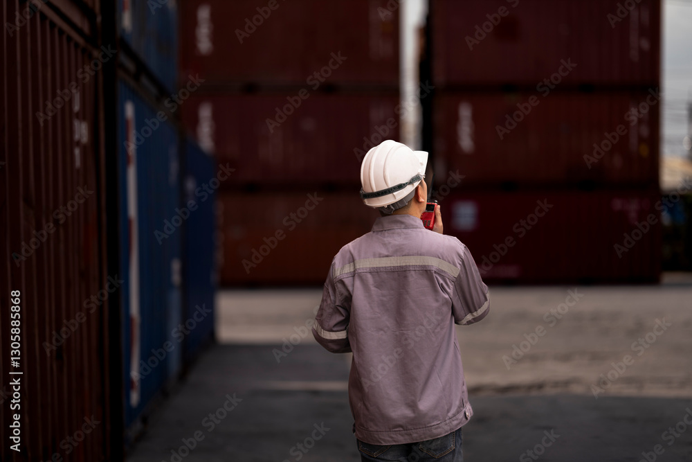 A logistics supervisor in a hard hat and uniform communicates via radio while holding a clipboard at a busy shipping yard. Industrial operations and transportation management in action. A logistics supervisor in a hard hat and uniform communicates via radio while holding a clipboard at a busy shipping yard. Industrial operations and transportation management in action.