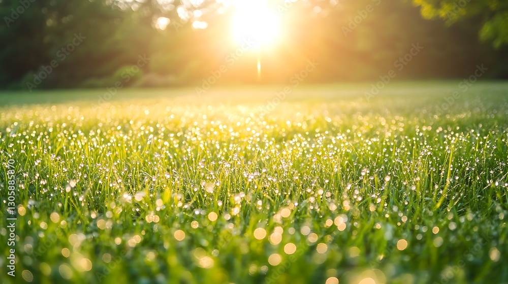 Fototapeta premium Dew-covered meadow glowing under golden sunlight, showcasing nature's beauty and tranquility.
