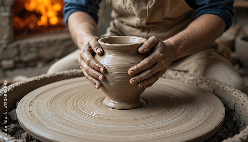 A Potter Shaping Clay (Pottery Wheel, Wet Hands, Earthy Texture, Apron, Kiln Fire) – A potter shaping a clay vase on a spinning pottery wheel, hands covered in wet clay, surrounded by earthy A Potter Shaping Clay (Pottery Wheel, Wet Hands, Earthy Texture, Apron, Kiln Fire) – A potter shaping a clay vase on a spinning pottery wheel, hands covered in wet clay, surrounded by earthy