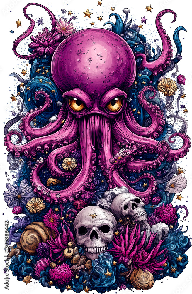 Colorful painting of an octopus with a skull and a flower. The painting has a surreal and dreamy mood Colorful painting of an octopus with a skull and a flower. The painting has a surreal and dreamy mood