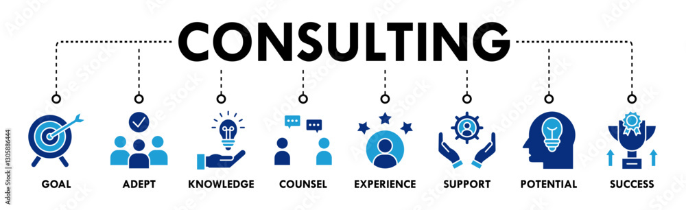 Consulting banner web icon vector illustration concepts for business consulting with an icons set of goal, adept, knowledge, counsel, experience, support, potential, success Consulting banner web icon vector illustration concepts for business consulting with an icons set of goal, adept, knowledge, counsel, experience, support, potential, success