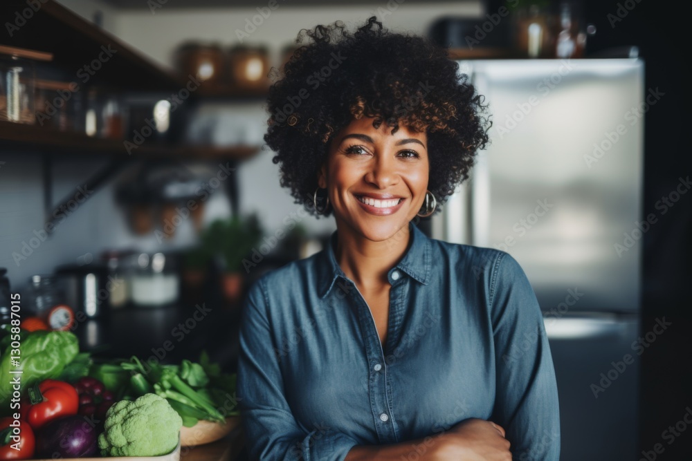 Portrait of a fit African American middle aged woman in modern kitchen Portrait of a fit African American middle aged woman in modern kitchen