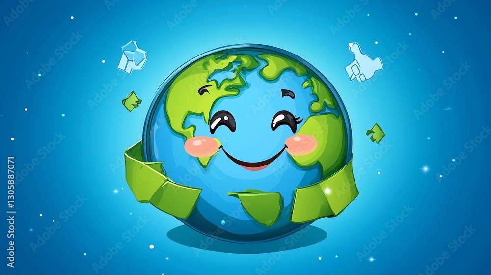 Naklejka premium Happy Earth Cartoon Character with Recycle Symbol for Environmental Awareness
