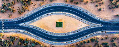 Desert highway intersection aerial view