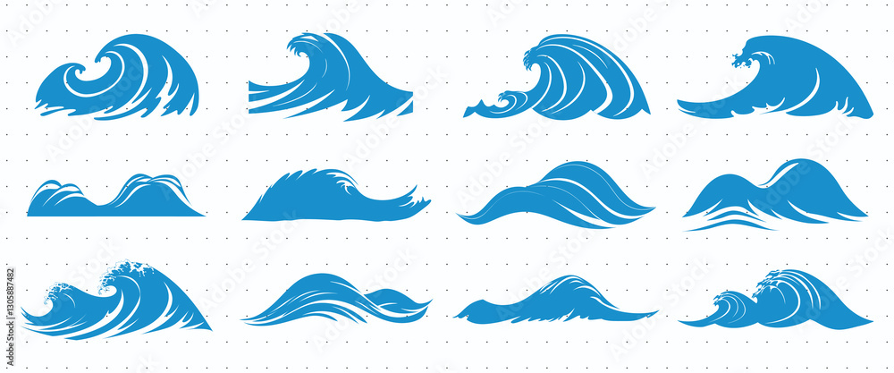 Fototapeta premium Stylized ocean wave illustrations, isolated element set vector