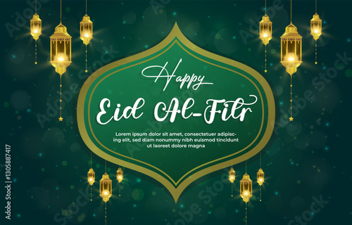 happy eid al fitr template banner with beautiful islamic ornament with green background design 013