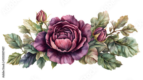 A painting of a flower with three small flowers on it. The flower is purple and the background is white