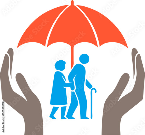 Elderly Support with Protective Hands and Umbrella Symbolizing Security, Safety, and Compassion for Senior Citizens