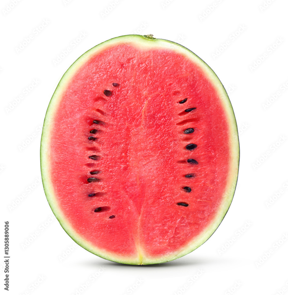 Front view of watermelon cut in half with seeds isolated on white. Clipping path. Front view of watermelon cut in half with seeds isolated on white. Clipping path.