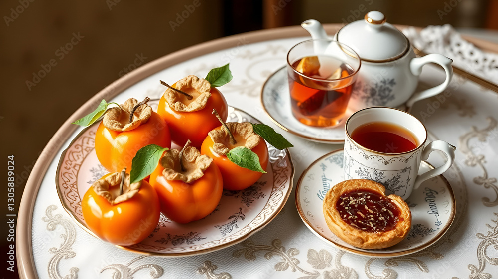 Persimmons elegantly presented with pastries and tea Persimmons elegantly presented with pastries and tea