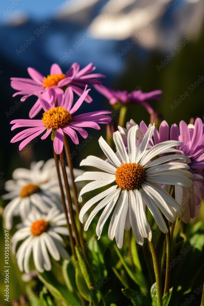 Obraz premium Beautiful colorful wild flowers with snow mountain in Spring.