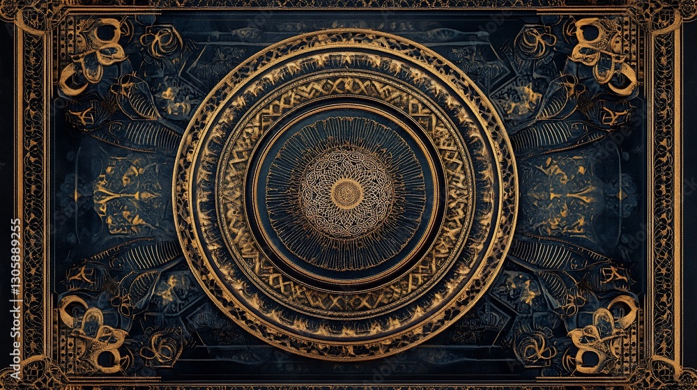 Obraz premium Intricate Golden Mandala on Dark Blue Background, Art Deco Design
