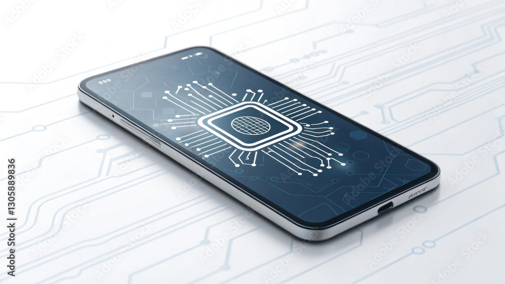 sleek smartphone with digital circuit design on screen lies on futuristic circuit board surface, symbolizing advanced technology and connectivity sleek smartphone with digital circuit design on screen lies on futuristic circuit board surface, symbolizing advanced technology and connectivity