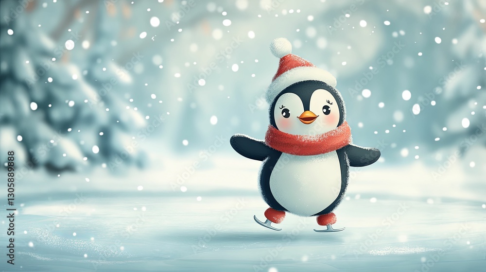 Adorable Penguin Ice Skating In Winter Wonderland Adorable Penguin Ice Skating In Winter Wonderland