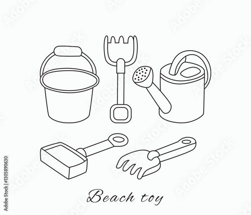 vector beach toy set for summer trips .Shovel ,rake ,bucket set of children's toys in doodle style
