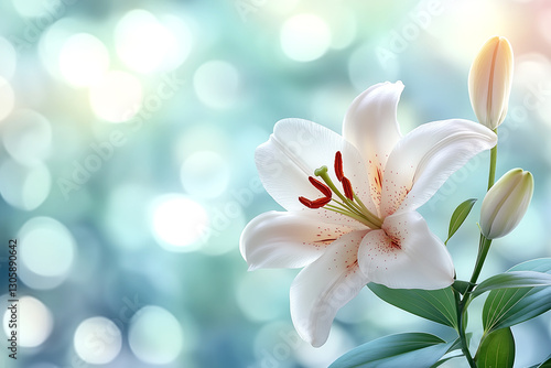 White flower with red spots is in the foreground of a blue background. The flower is the main focus of the image, and the blue background creates a calming and serene atmosphere