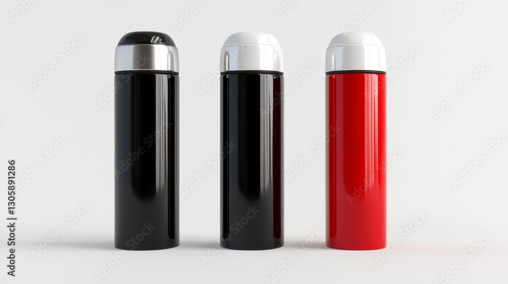 Three Cylindrical Thermos Mockup Black, Red and Silver, Product Design, 3D Render, Thermos, Mockup Thermos, Mockup Three Cylindrical Thermos Mockup Black, Red and Silver, Product Design, 3D Render, Thermos, Mockup Thermos, Mockup