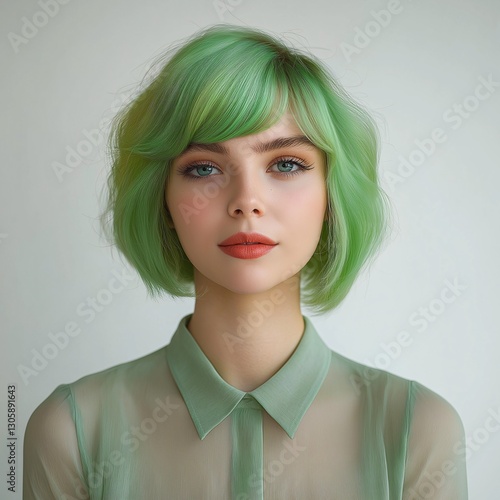 <Sophisticated Modern Look: Vibrant Green Hair & Fashion Portrait Photography>