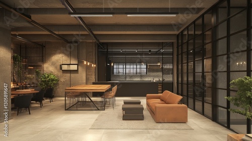 Wallpaper Mural Industrial Loft Interior Design Wooden Table, Leather Sofa, Metal Accents, 3D Render, Industrial Style Industrial Design, Loft Apartment Torontodigital.ca