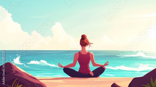 Wallpaper Mural Beach Yoga Meditation Illustration, Woman, Ocean, Mindfulness, Serenity, Beach, Yoga Mindfulness Torontodigital.ca